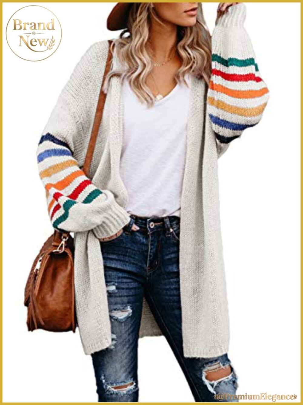 Women's Striped Knit Cardigan Loose Cozy Sweater Long Sleeve Balloon
